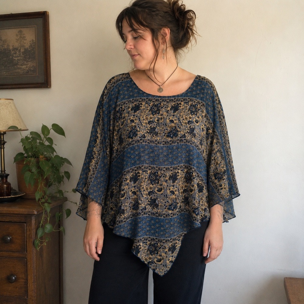 Vintage Y2K Poncho Blouse Women 1X Blue Floral Paisley Handkerchief Boho Hippie